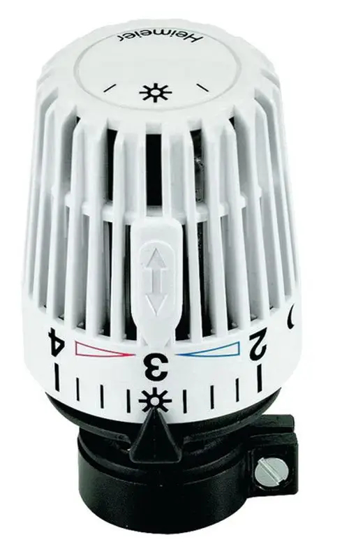 Thermostatkopf in Weiß mit Temperaturregelung und Montageanschluss. Das Produkt stammt von IMI Hydronic Engineering und ist für Heizsysteme konzipiert.
